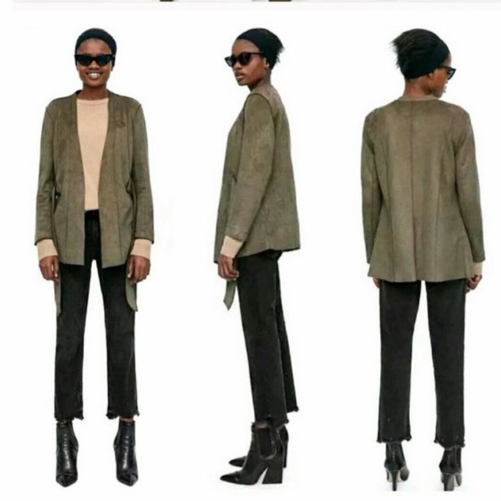 ZARA Faux Suede Open Front Belted Jacket, Brown Olive Green, Size Medium